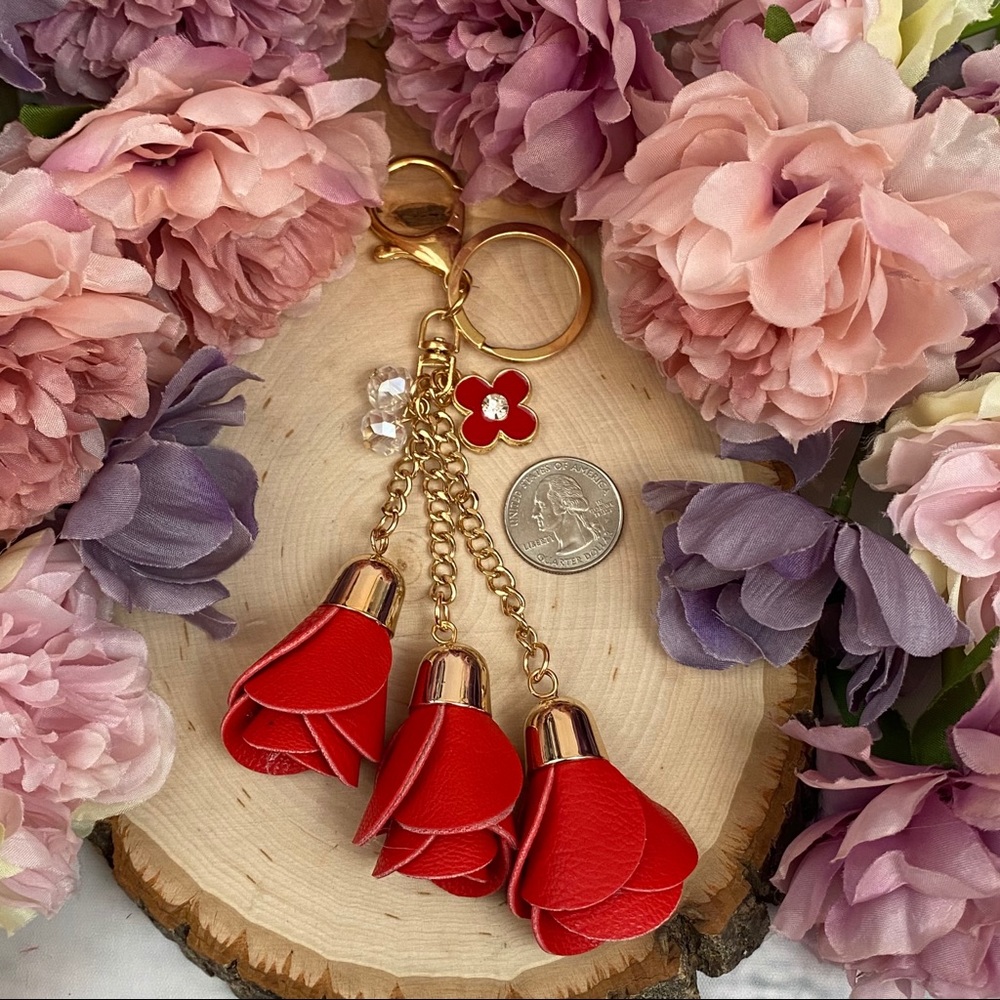 Red Triple Rose Keychain Charm - Picture 11 of 12